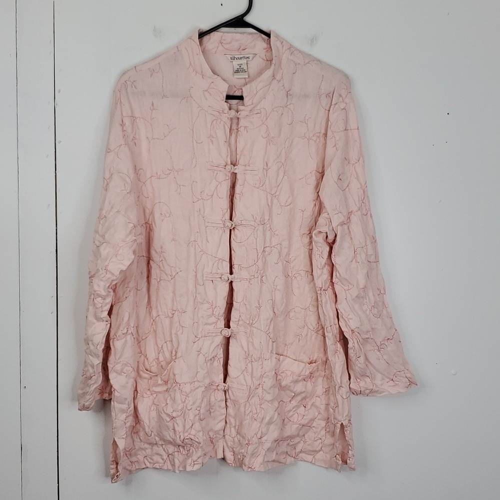 Silhouettes Linen Tunic Button Front Embroidered Palm Trees Pink Womens 1X